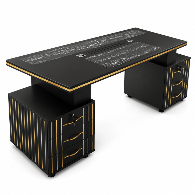 میز مدیریتی M04 امپراطور با طراحی مدرن مشکی طلایی، ساختار تمام MDF و 6 کشوی جادار، انتخابی ایدهآل برای دفاتر مدیریتی و اتاق مدیرعامل. کیفیت بالا، طراحی لوکس و فضای ذخیرهسازی کاربردی.