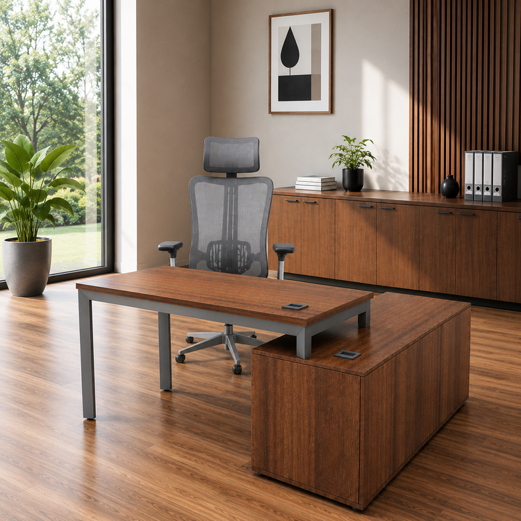 خرید میز پایه فلز مدرن مدل K210 | میز اداری MDF با ال، سه کشو و باکس | مبلمان اداری امپراطور